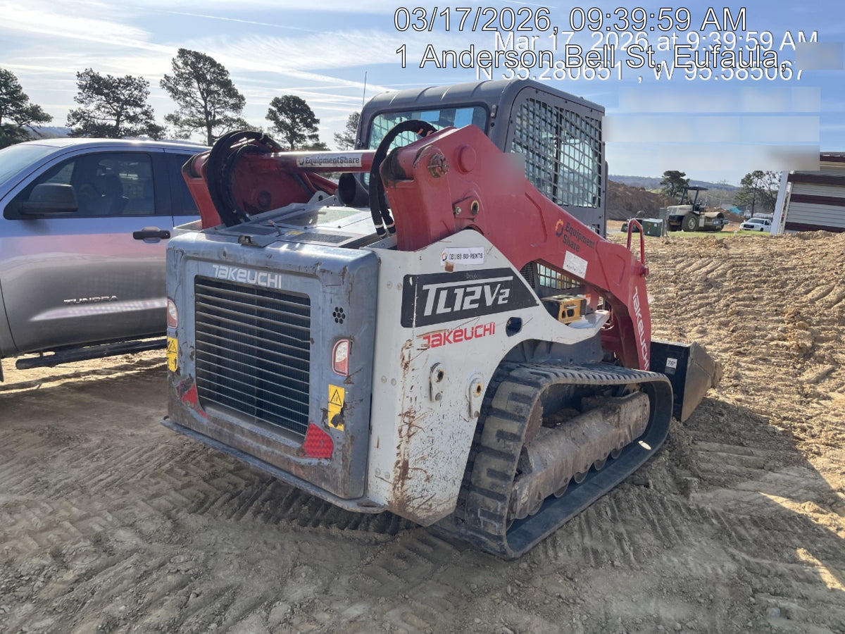 2019 Takeuchi TL12V2C Cab/Heat/Air w/Auxiliary Hydraulics, 2 Speed, Hydraulic QC 80" Tooth Bucket, 48" Pallet Forks