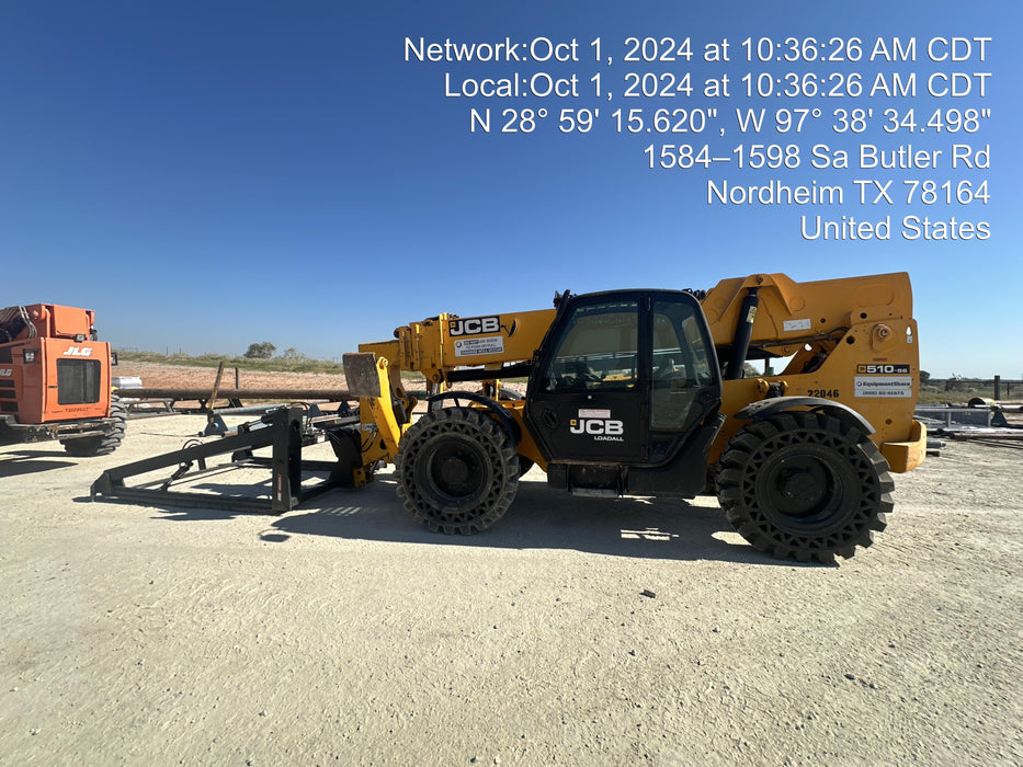 2018 JCB 510-56 JCB 510-56 Telehandler 74 HP w/CAB/HVAC, Beacon, Worklights, Aux Hydraulics, Solid Tires, 60" Carriage/Forks