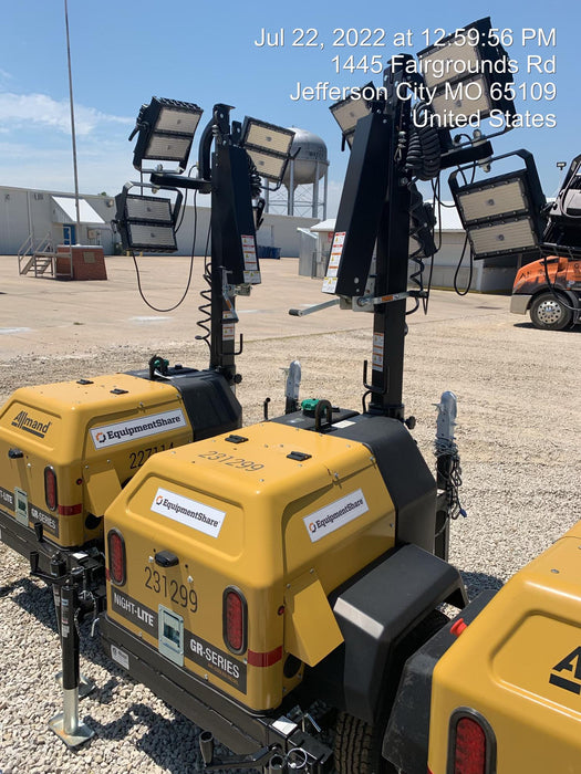 2022 Allmand NLV3GR (4) LED Light Fixture 350W, 23' Vertical Mast, 3kW Prime, Towable, Deep Sea L401, Leveling Jacks, Yanmar T4F 5.8hp