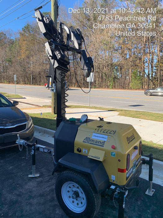 2021 Allmand NLV3GR (4) LED Light Fixture 350W, 23' Vertical Mast, 3kW Prime, Towable, Deep Sea L401, Leveling Jacks, Yanmar T4F 5.8hp