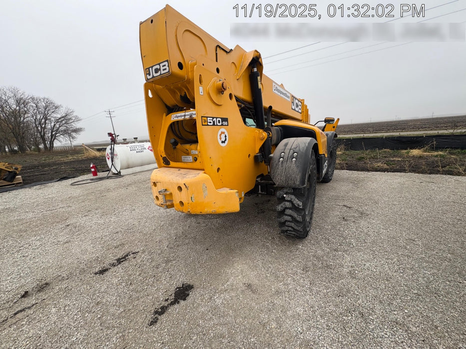 2020 JCB 510-56 Cab/Heat/Air, 74 HP, Solid Tires, STD Worklight, Beacon, Aux Hydraulics, Lifting Eye, Back up Alarm w/66" Carriage/60" Forks