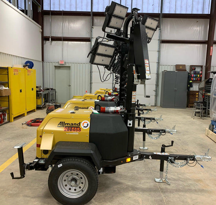 2022 Allmand NLV3GR (4) LED Light Fixture 350W, 23' Vertical Mast, 3kW Prime, Towable, Deep Sea L401, Leveling Jacks, Yanmar T4F 5.8hp