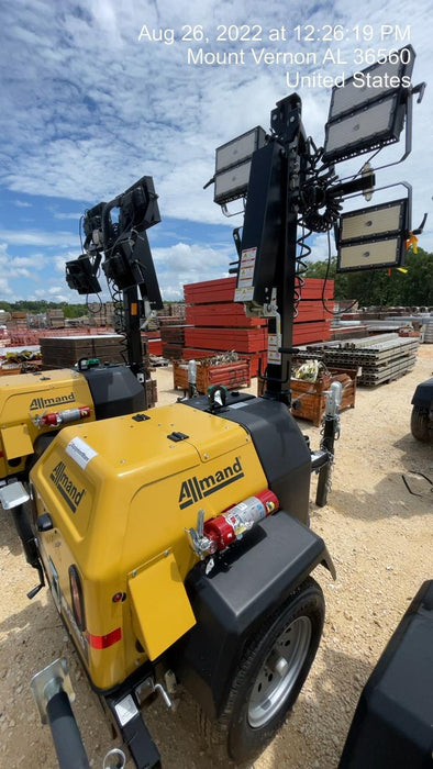 2022 Allmand NLV3GR (4) LED Light Fixture 350W, 23' Vertical Mast, 3kW Prime, Towable, Deep Sea L401, Leveling Jacks, Yanmar T4F 5.8hp