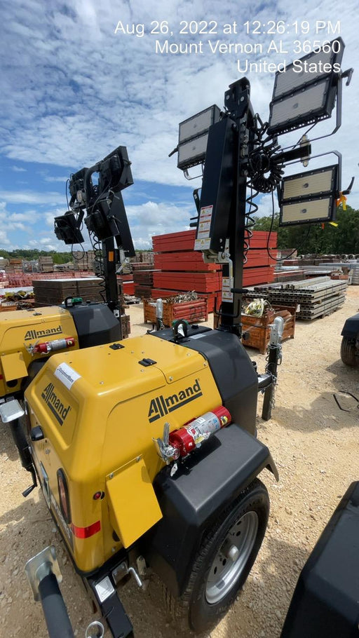 2022 Allmand NLV3GR (4) LED Light Fixture 350W, 23' Vertical Mast, 3kW Prime, Towable, Deep Sea L401, Leveling Jacks, Yanmar T4F 5.8hp