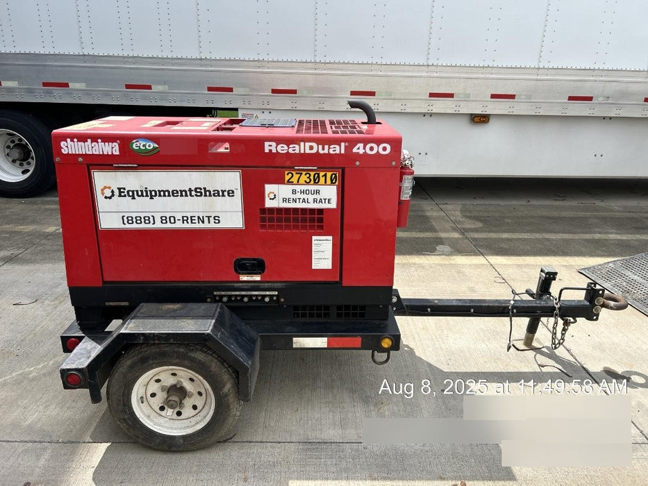 2022 Shindaiwa DGW400MDL Kubota D902 Engine, 23 HP, Dual Op Welder, Wire, Arc, Droop Stick, Tig, and CC Stick Functionality, Simulphase, 3 Phase and 1 Phase Gen Output, Single Axle NB Trlr, Slr Trckl Chrg 12V 12W, Fire Ext