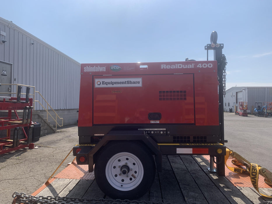 2023 Shindaiwa DGW400MDL Kubota D902 Engine, 23 HP, Dual Op Welder, Wire, Arc, Droop Stick, Tig, and CC Stick Functionality, Simulphase, 3 Phase and 1 Phase Gen Output, Single Axle NB Trlr, Slr Trckl Chrg 12V 12W, Fire Ext