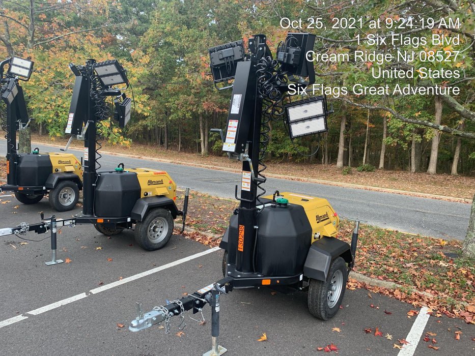 2021 Allmand NLV3GR (4) LED Light Fixture 350W, 23' Vertical Mast, 3kW Prime, Towable, Deep Sea L401, Leveling Jacks, Yanmar T4F 5.8hp