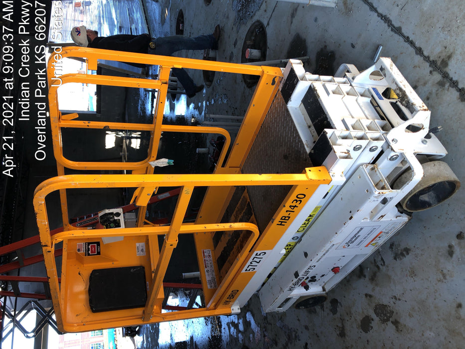 Custom Equipment HB-1430 <ul>
 <li>Hy-Brid Scissor Lift</li>
  <li>Platform capacity up to 670 lbs.</li>
  <li>Working height up to 20 ft</li>
  <li>Weighs under 1,700 lbs.</li>
  <li>Non-marking wheels </li>
</ul>