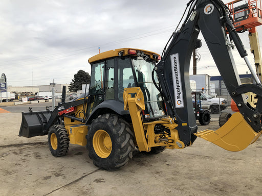 2019 John Deere 410L 4WD, CAB/HVAC, Standard Dipperstick, ISO Controls, Rear Aux Hydraulics, Manual QC w/1.5 Yd Bucket w/Forks, 24" Bucket