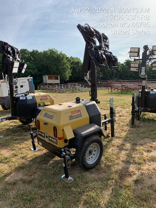 2022 Allmand NLV3GR (4) LED Light Fixture 350W, 23' Vertical Mast, 3kW Prime, Towable, Deep Sea L401, Leveling Jacks, Yanmar T4F 5.8hp