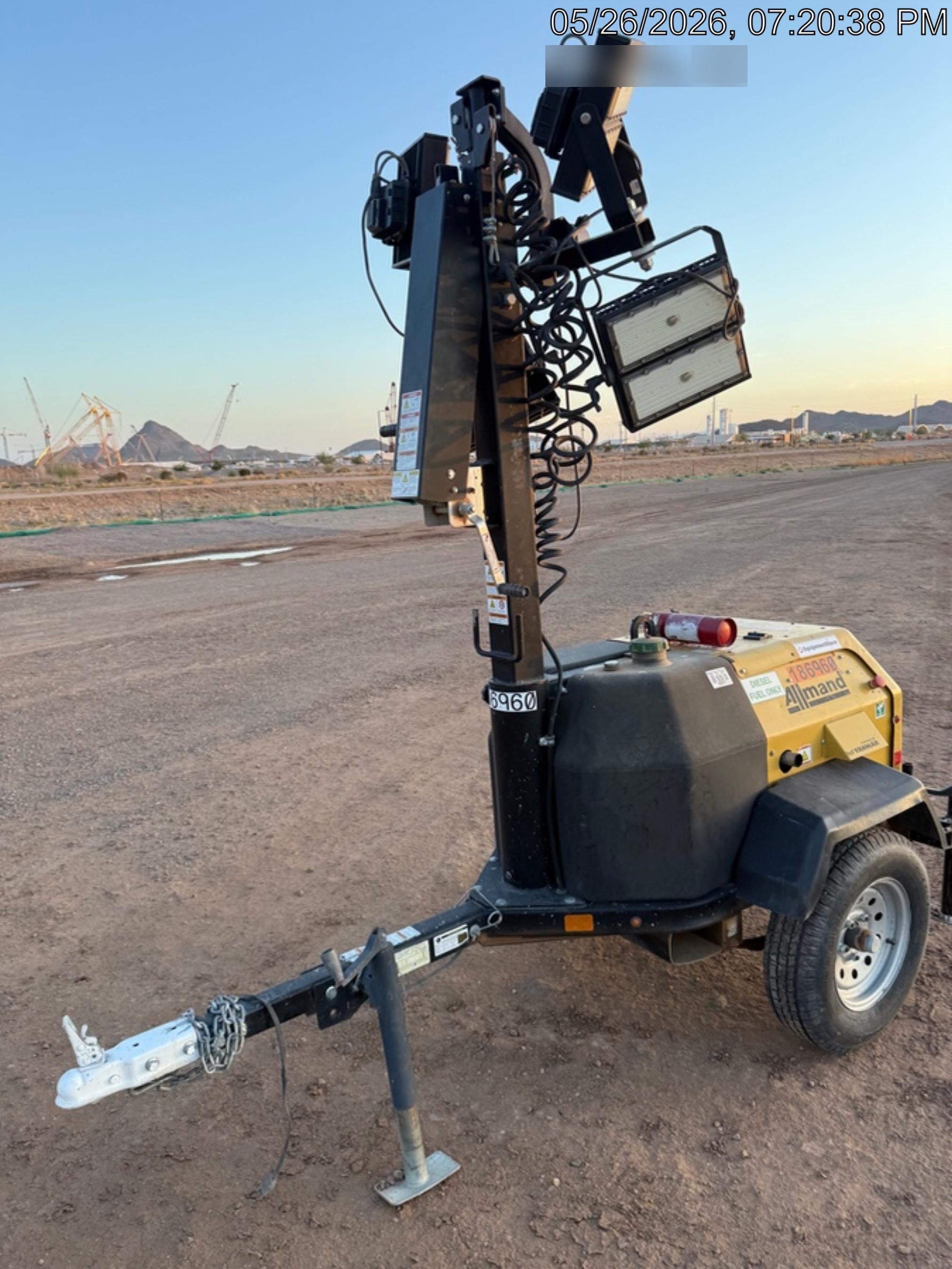 Allmand NLV3GR (4) LED Light Fixture 350W, 23' Vertical Mast, 3kW Prime, Towable, Deep Sea L401, Leveling Jacks, Yanmar T4F 5.8hp