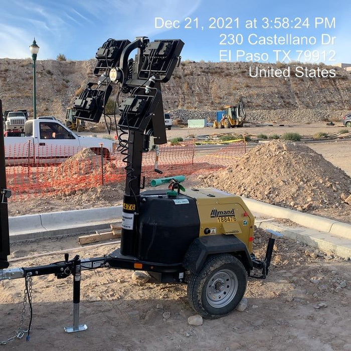 Allmand NLV3GR (4) LED Light Fixture 350W, 23' Vertical Mast, 3kW Prime, Towable, Deep Sea L401, Leveling Jacks, Yanmar T4F 5.8hp