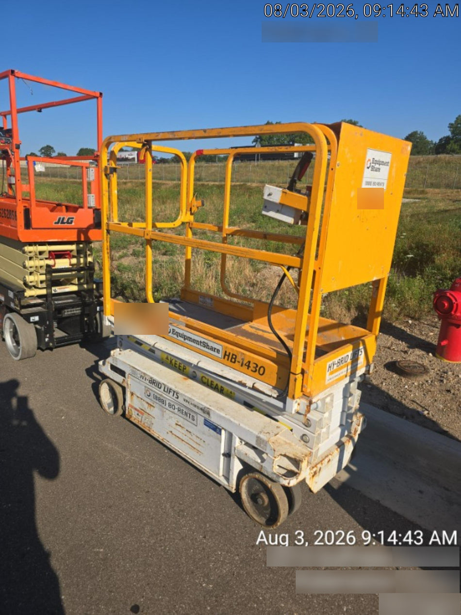 Custom Equipment HB-1430 <ul>
 <li>Hy-Brid Scissor Lift</li>
  <li>Platform capacity up to 670 lbs.</li>
  <li>Working height up to 20 ft</li>
  <li>Weighs under 1,700 lbs.</li>
  <li>Non-marking wheels </li>
</ul>