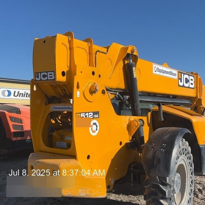 2019 JCB 512-56 Enclosed Cab, 109 HP, Solid Tires, Worklights, Beacon, Aux Hydraulics, Lifting Eye w/66" Carriage/60" Forks