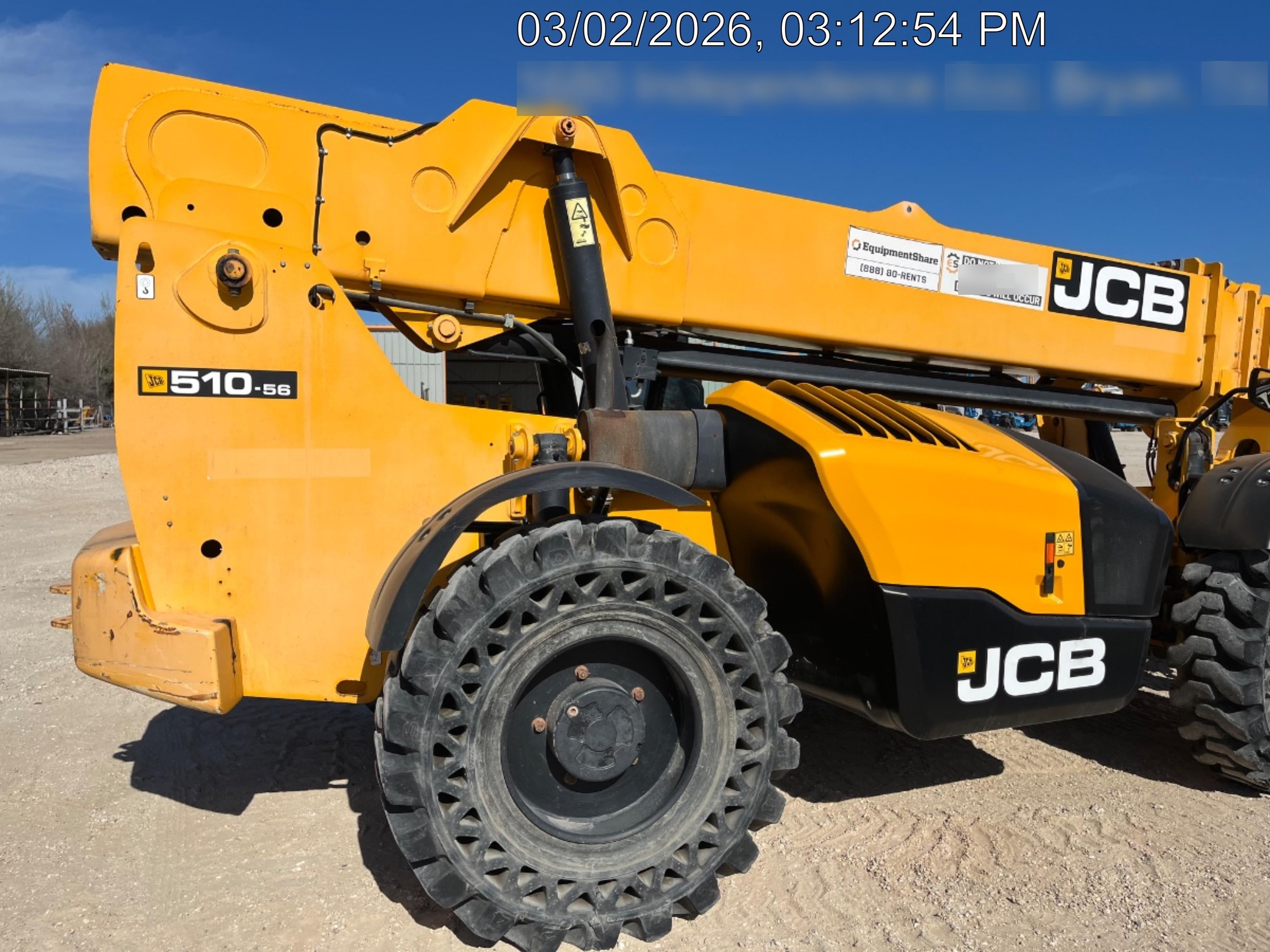 2019 JCB 510-56 Open ROPS, 74 HP, Solid Tires, Worklights, Beacon, Aux Hydraulics, Lifting Eye 72" Carriage/60" Forks