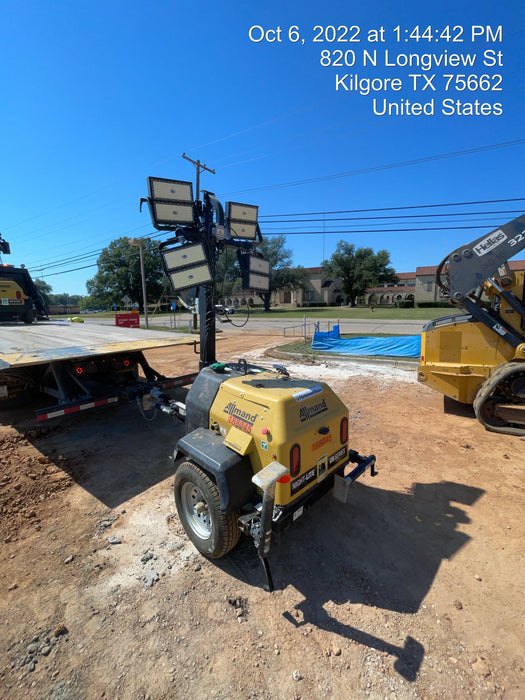 Allmand NLV3GR (4) LED Light Fixture 350W, 23' Vertical Mast, 3kW Prime, Towable, Deep Sea L401, Leveling Jacks, Yanmar T4F 5.8hp