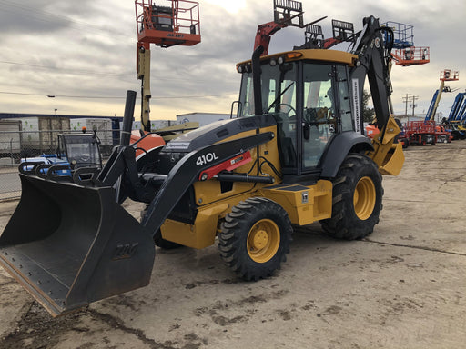 2019 John Deere 410L 4WD, CAB/HVAC, Standard Dipperstick, ISO Controls, Rear Aux Hydraulics, Manual QC w/1.5 Yd Bucket w/Forks, 24" Bucket