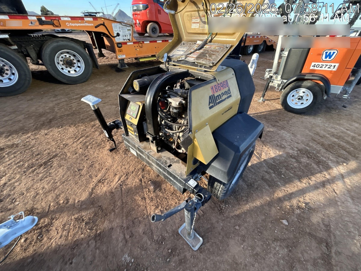Allmand NLV3GR (4) LED Light Fixture 350W, 23' Vertical Mast, 3kW Prime, Towable, Deep Sea L401, Leveling Jacks, Yanmar T4F 5.8hp
