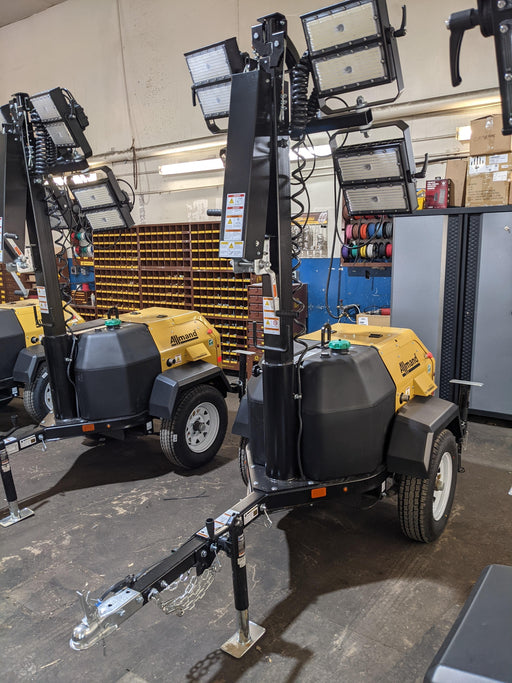 Allmand NLV3GR (4) LED Light Fixture 350W, 23' Vertical Mast, 3kW Prime, Towable, Deep Sea L401, Leveling Jacks, Yanmar T4F 5.8hp