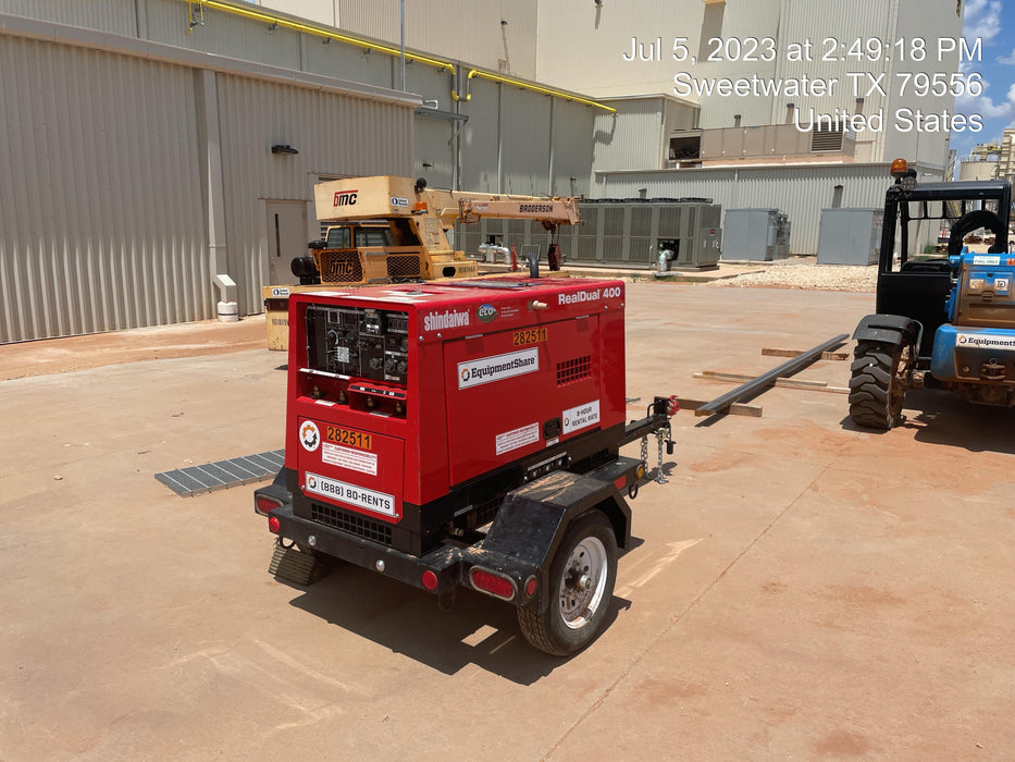 2022 Shindaiwa DGW400MDL Kubota D902 Engine, 23 HP, Dual Op Welder, Wire, Arc, Droop Stick, Tig, and CC Stick Functionality, Simulphase, 3 Phase and 1 Phase Gen Output, Single Axle NB Trlr, Slr Trckl Chrg 12V 12W, Fire Ext