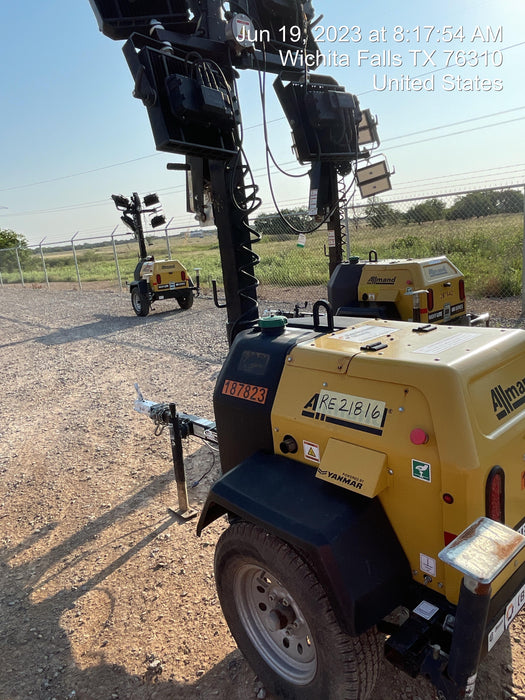 Allmand NLV3GR (4) LED Light Fixture 350W, 23' Vertical Mast, 3kW Prime, Towable, Deep Sea L401, Leveling Jacks, Yanmar T4F 5.8hp