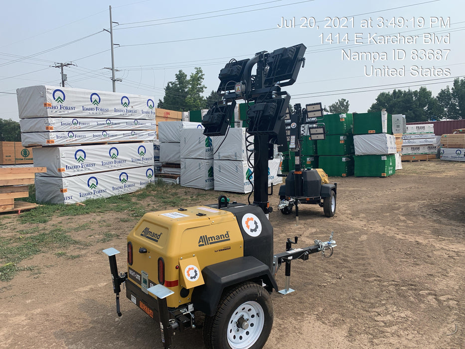 2021 Allmand NLV3GR (4) LED Light Fixture 350W, 23' Vertical Mast, 3kW Prime, Towable, Deep Sea L401, Leveling Jacks, Yanmar T4F 5.8hp