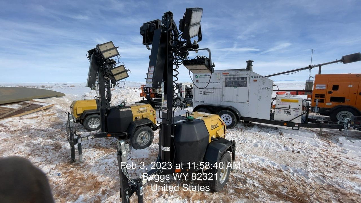 2022 Allmand NLV3GR (4) LED Light Fixture 350W, 23' Vertical Mast, 3kW Prime, Towable, Deep Sea L401, Leveling Jacks, Yanmar T4F 5.8hp