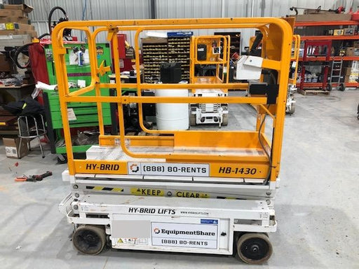 Custom Equipment HB-1430 Hy-Brid Scissor Lift
Platform capacity up to 670 lbs
Working height up to 20 ft
Weighs under 1,700 lbs
Non-marking wheels