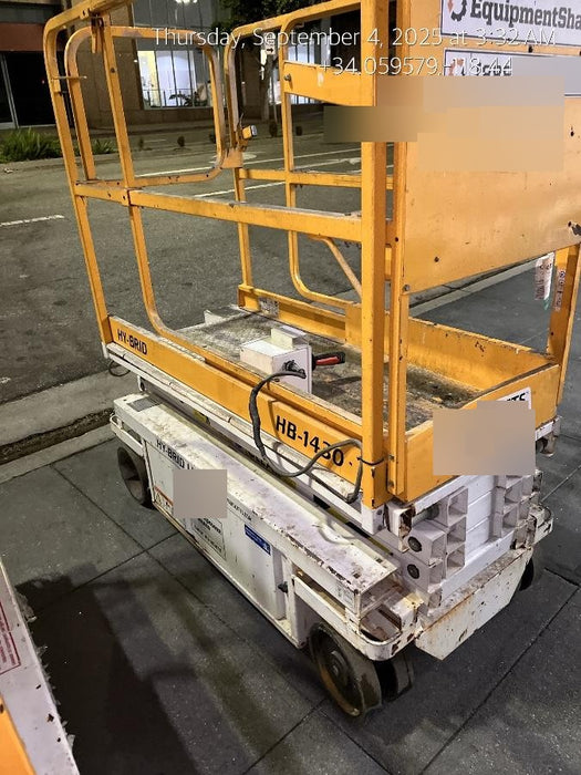 Custom Equipment HB-1430 <ul>
 <li>Hy-Brid Scissor Lift</li>
  <li>Platform capacity up to 670 lbs.</li>
  <li>Working height up to 20 ft</li>
  <li>Weighs under 1,700 lbs.</li>
  <li>Non-marking wheels </li>
</ul>