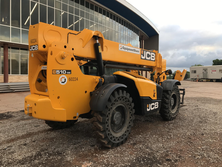 2020 JCB 510-56 Cab/Heat/Air, 74 HP, Solid Tires, STD Worklight, Beacon, Aux Hydraulics, Lifting Eye, Back up Alarm w/66" Carriage/60" Forks