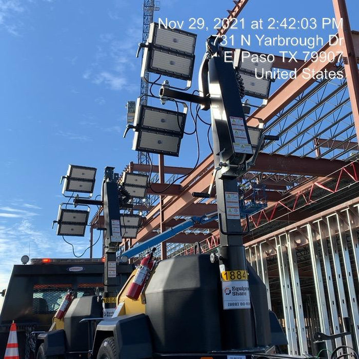 Allmand NLV3GR (4) LED Light Fixture 350W, 23' Vertical Mast, 3kW Prime, Towable, Deep Sea L401, Leveling Jacks, Yanmar T4F 5.8hp