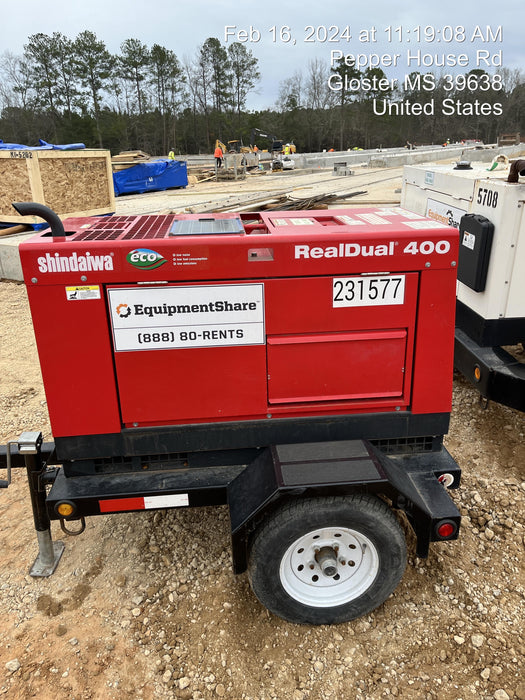 2022 Shindaiwa DGW400MDL Kubota D902 Engine, 23 HP, Dual Op Welder, Wire, Arc, Droop Stick, Tig, and CC Stick Functionality, Simulphase, 3 Phase and 1 Phase Gen Output, Single Axle NB Trlr, Slr Trckl Chrg 12V 12W, Fire Ext