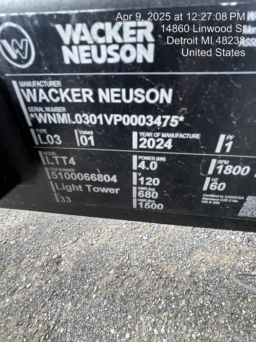 2024 Wacker Neuson LTT4 Diesel, Kohler KDW702, Deep Sea Controller, Auto Start, LED 320W, Bypass Outlet, T3