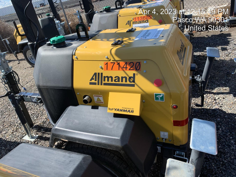 2021 Allmand NLV3GR (4) LED Light Fixture 350W, 23' Vertical Mast, 3kW Prime, Towable, Deep Sea L401, Leveling Jacks, Yanmar T4F 5.8hp