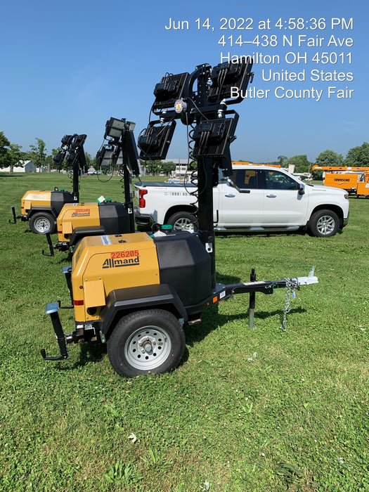 2022 Allmand NLV3GR (4) LED Light Fixture 350W, 23' Vertical Mast, 3kW Prime, Towable, Deep Sea L401, Leveling Jacks, Yanmar T4F 5.8hp