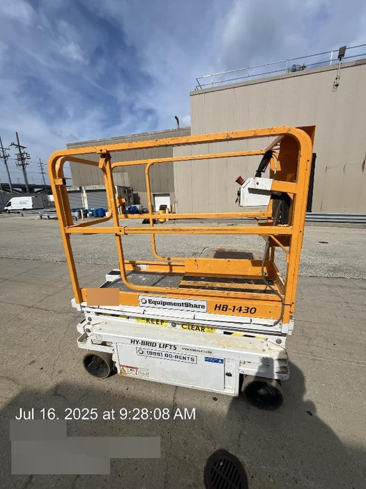 Custom Equipment HB-1430 Hy-Brid Scissor Lift
Platform capacity up to 670 lbs
Working height up to 20 ft
Weighs under 1,700 lbs
Non-marking wheels
