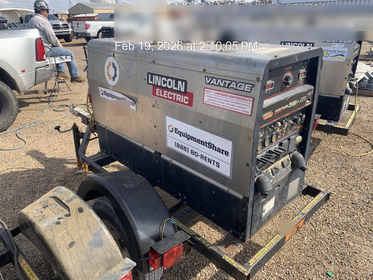 2019 Lincoln Electric Vantage 322 Welder Ready-Pak 3, Two wheel trailer, Fender and Light kit, Cable Rack