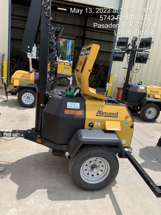 2022 Allmand NLV3GR (4) LED Light Fixture 350W, 23' Vertical Mast, 3kW Prime, Towable, Deep Sea L401, Leveling Jacks, Yanmar T4F 5.8hp