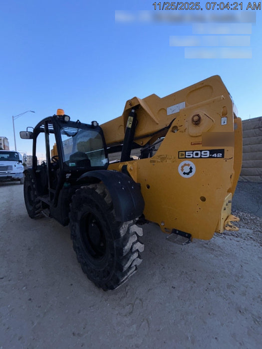 2019 JCB 509-42 74 HP w/Open ROPS, Beacon, Aux Hydraulics, LED Work lights, Solid Tires w/66" Carriage/60" Forks