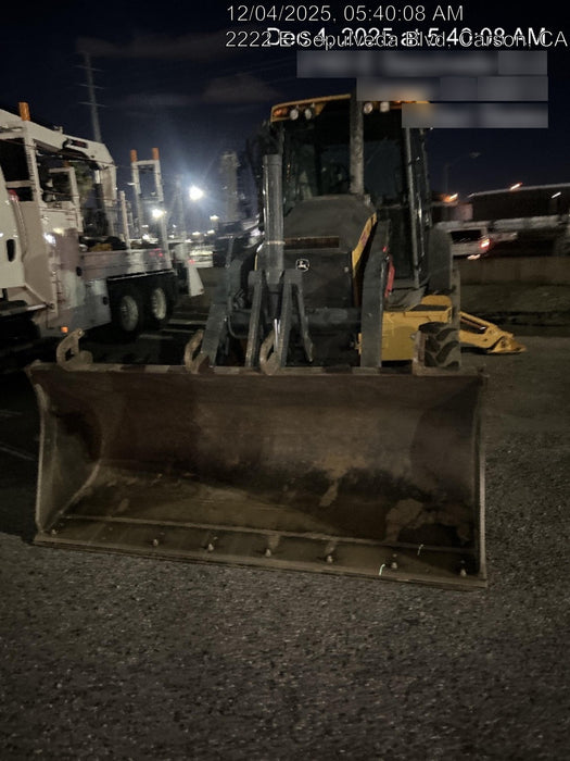 2019 John Deere 410L 4WD, CAB/HVAC, Standard Dipperstick, ISO Controls, Rear Aux Hydraulics, Manual QC w/1.5 Yd Bucket w/Forks, 24" Bucket