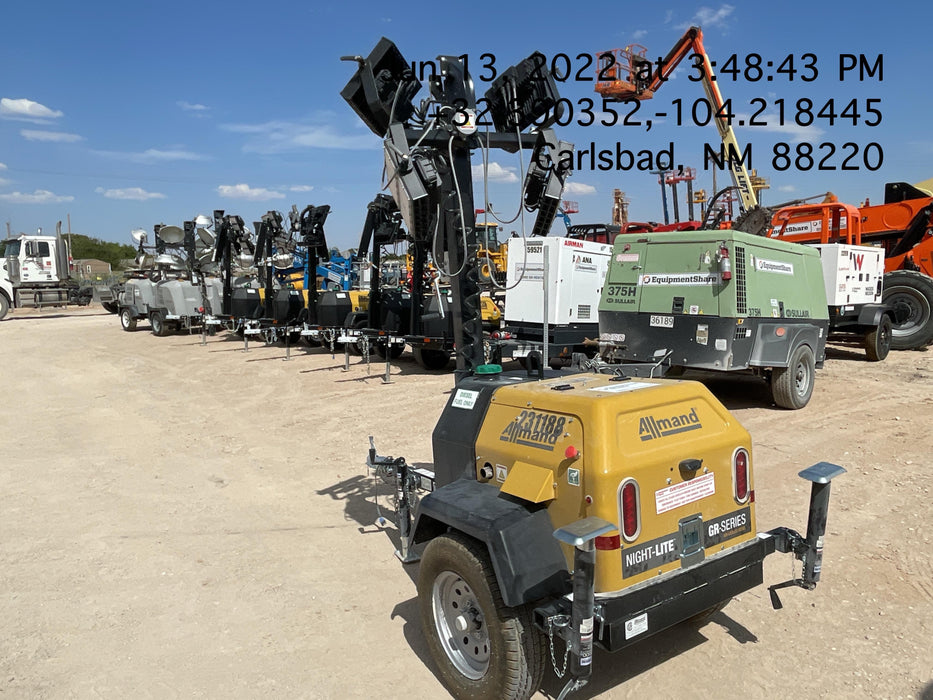 2022 Allmand NLV3GR (4) LED Light Fixture 350W, 23' Vertical Mast, 3kW Prime, Towable, Deep Sea L401, Leveling Jacks, Yanmar T4F 5.8hp