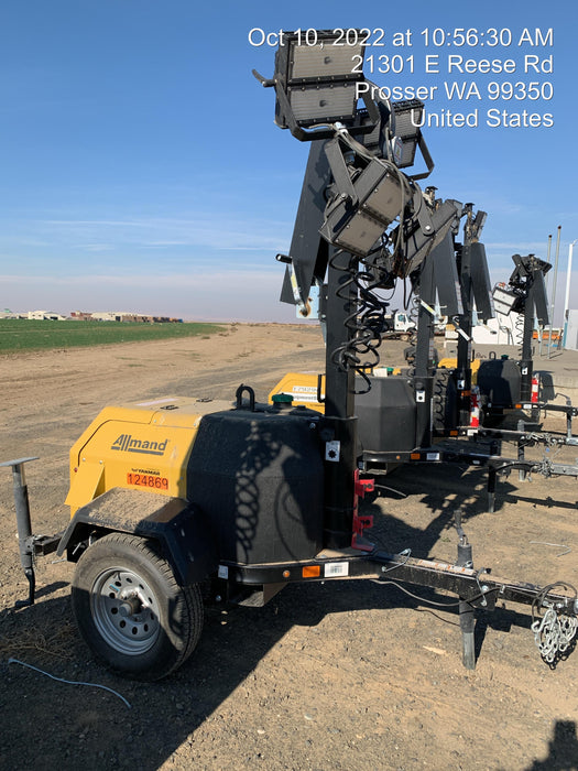 2020 Allmand NLV3GR (4) LED Light Fixture 350W, 23' Vertical Mast, 3kW Prime, Towable, Deep Sea L401, Leveling Jacks, Yanmar T4F 5.8hp