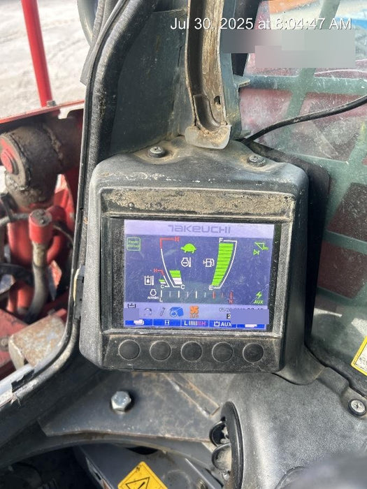 2019 Takeuchi TL10V2-CR Cab/Heat/AC, Rubber Tracks, Backup Alarm, Front & rear working Lights, Auxiliary Hydraulics, 2 Speed Travel, Engine Monitoring System, Hydraulic universal quick hitch w/76" HD smooth dirt bucket with bolt-on edge, 20.3 cubic feet capacity, 48" Pallet forks and frame