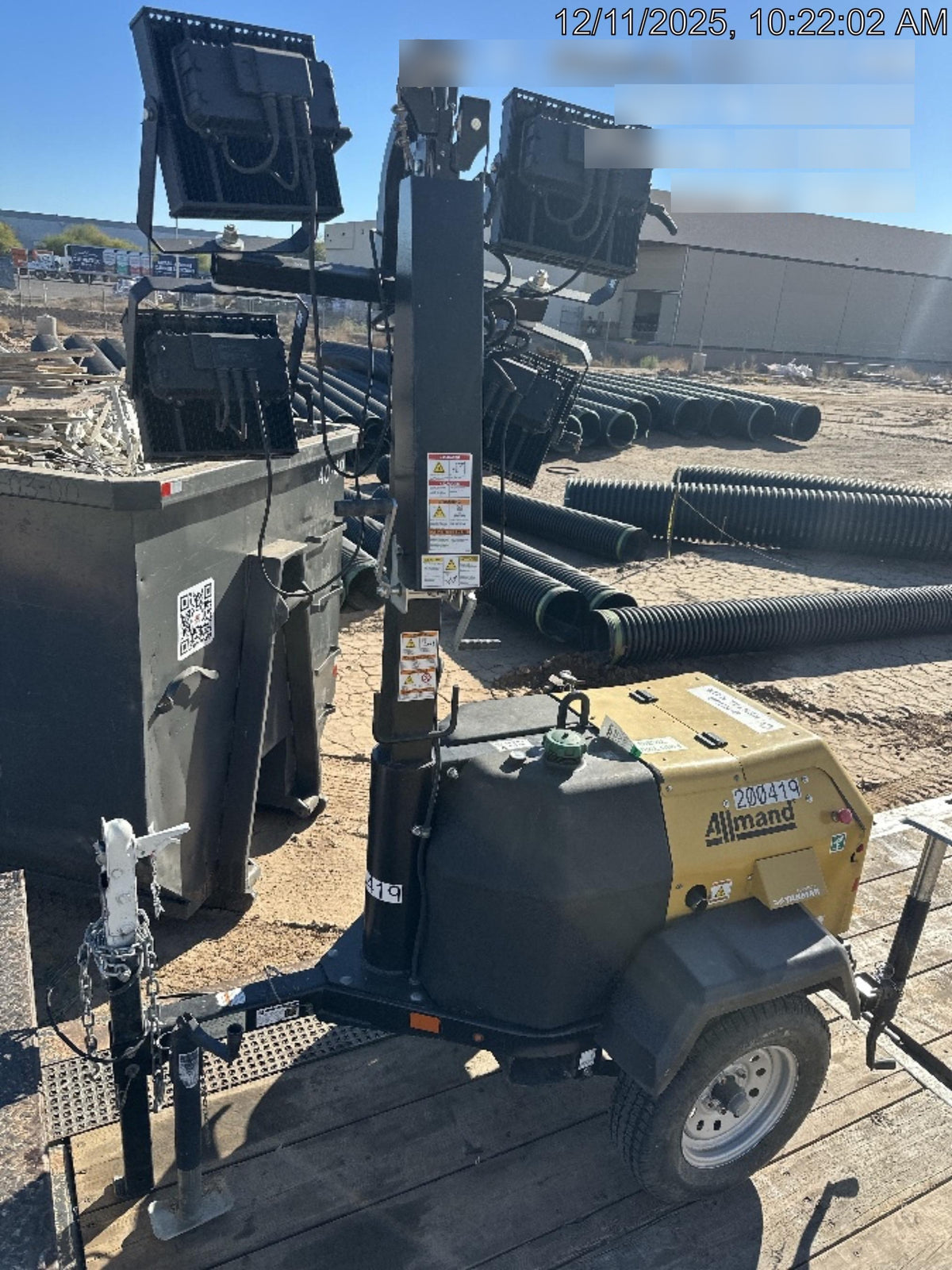 2022 Allmand NLV3GR (4) LED Light Fixture 350W, 23' Vertical Mast, 3kW Prime, Towable, Deep Sea L401, Leveling Jacks, Yanmar T4F 5.8hp