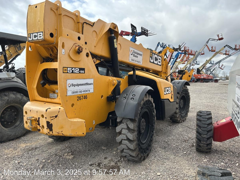2019 JCB 512-56 Enclosed Cab, 109 HP, Solid Tires, Worklights, Beacon, Aux Hydraulics, Lifting Eye w/60" Carriage/60" Forks
