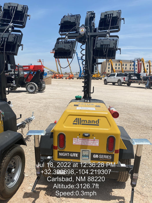 2022 Allmand NLV3GR (4) LED Light Fixture 350W, 23' Vertical Mast, 3kW Prime, Towable, Deep Sea L401, Leveling Jacks, Yanmar T4F 5.8hp