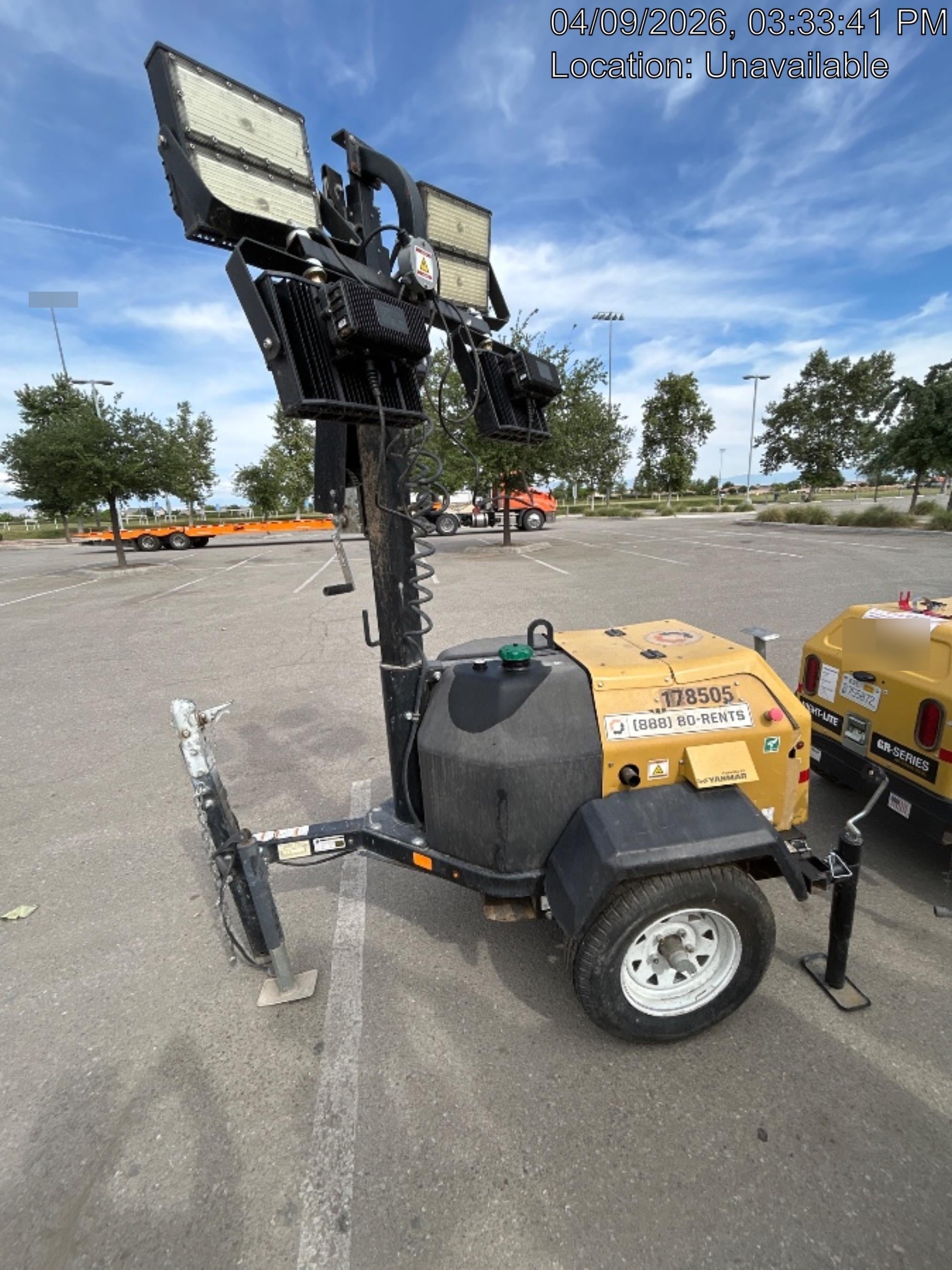 Allmand NLV3GR (4) LED Light Fixture 350W, 23' Vertical Mast, 3kW Prime, Towable, Deep Sea L401, Leveling Jacks, Yanmar T4F 5.8hp