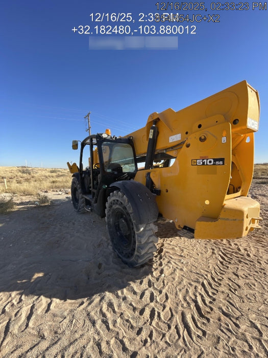 2019 JCB 510-56 Open ROPS, 74 HP, Solid Tires, Worklights, Beacon, Aux Hydraulics, Lifting Eye w/60" Carriage/60" Forks