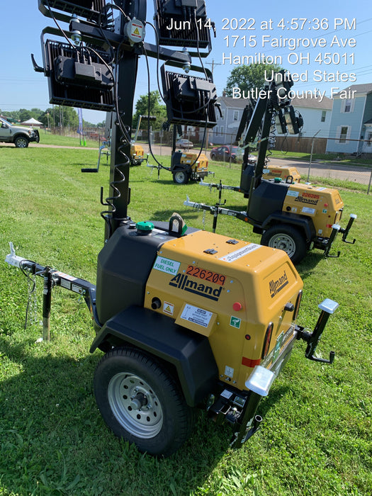 2022 Allmand NLV3GR (4) LED Light Fixture 350W, 23' Vertical Mast, 3kW Prime, Towable, Deep Sea L401, Leveling Jacks, Yanmar T4F 5.8hp