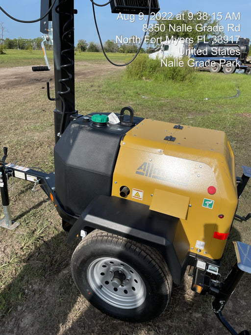2022 Allmand NLV3GR (4) LED Light Fixture 350W, 23' Vertical Mast, 3kW Prime, Towable, Deep Sea L401, Leveling Jacks, Yanmar T4F 5.8hp